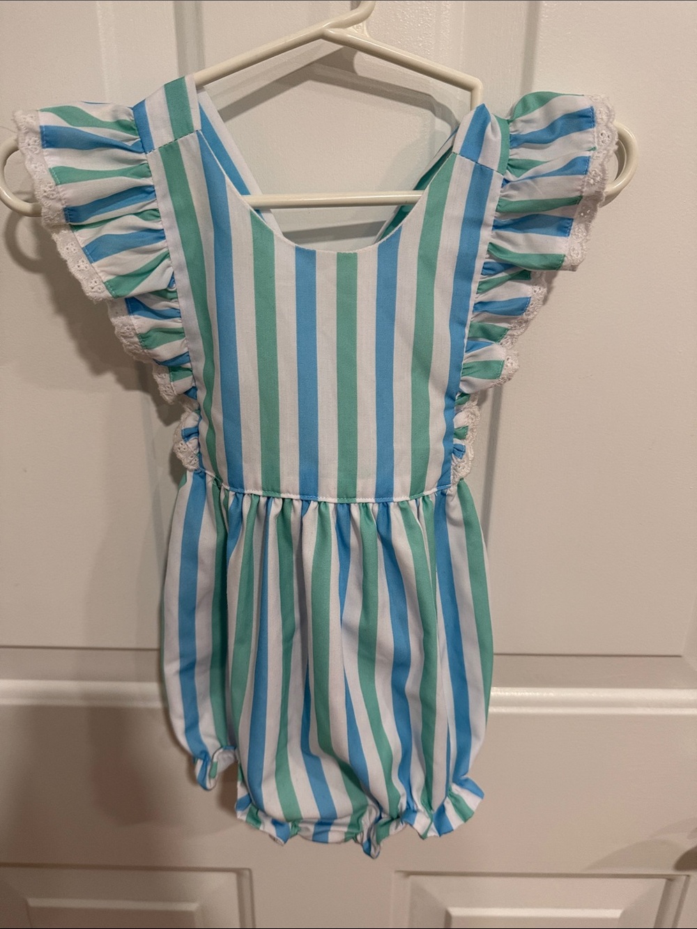 Striped Blue & Green Ruffle-Sleeve Baby One-Piece